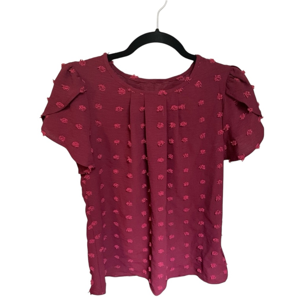 🌼 NWT LS | Wine Swiss Dot Pleated Petal Sleeve Top - Women Size Small